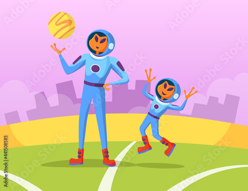 Aliens father and son playing with ball vector illustration. Newcomers in spacesuits spending time together on football field. UFO, parenthood, having fun together concept