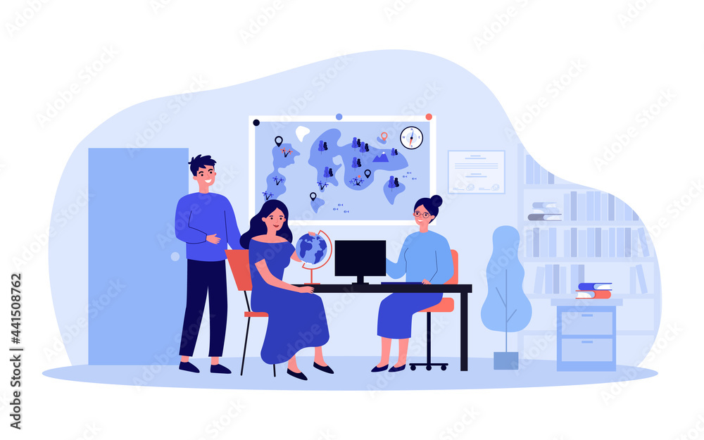 Cartoon man and woman turning to travel agency. Flat vector illustration.  Wife and husband, happy couple planning joint trip with help of travel agent,  sitting in office. Romantic trip, travel concept Stock