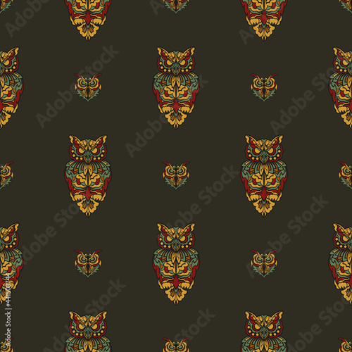 Fototapeta Naklejka Na Ścianę i Meble -  Seamless pattern with owls in the colors of the baroque style. Good for backgrounds, prints and textiles. Vector illustration.