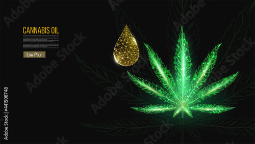 Cannabis oil concept. Low poly hemp and oil drop on black background. Marijuana leaf wireframe light connection structure, 3d polygonal graphic. Vector illustration.