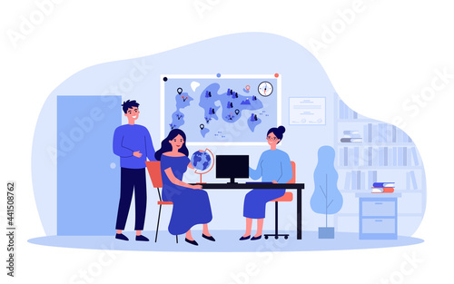 Cartoon man and woman turning to travel agency. Flat vector illustration. Wife and husband, happy couple planning joint trip with help of travel agent, sitting in office. Romantic trip, travel concept