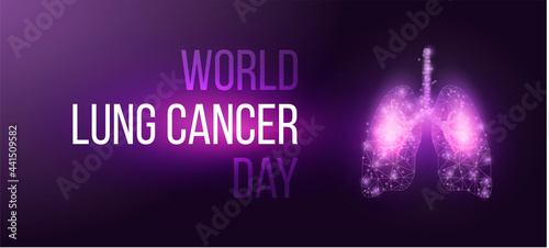 World Lung Cancer Day concept. Banner template with glowing low poly lungs. Futuristic modern abstract. Isolated on dark background. Vector illustration.