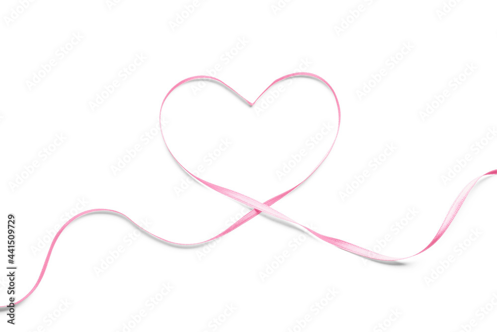 Heart made of beautiful pink ribbon on white background