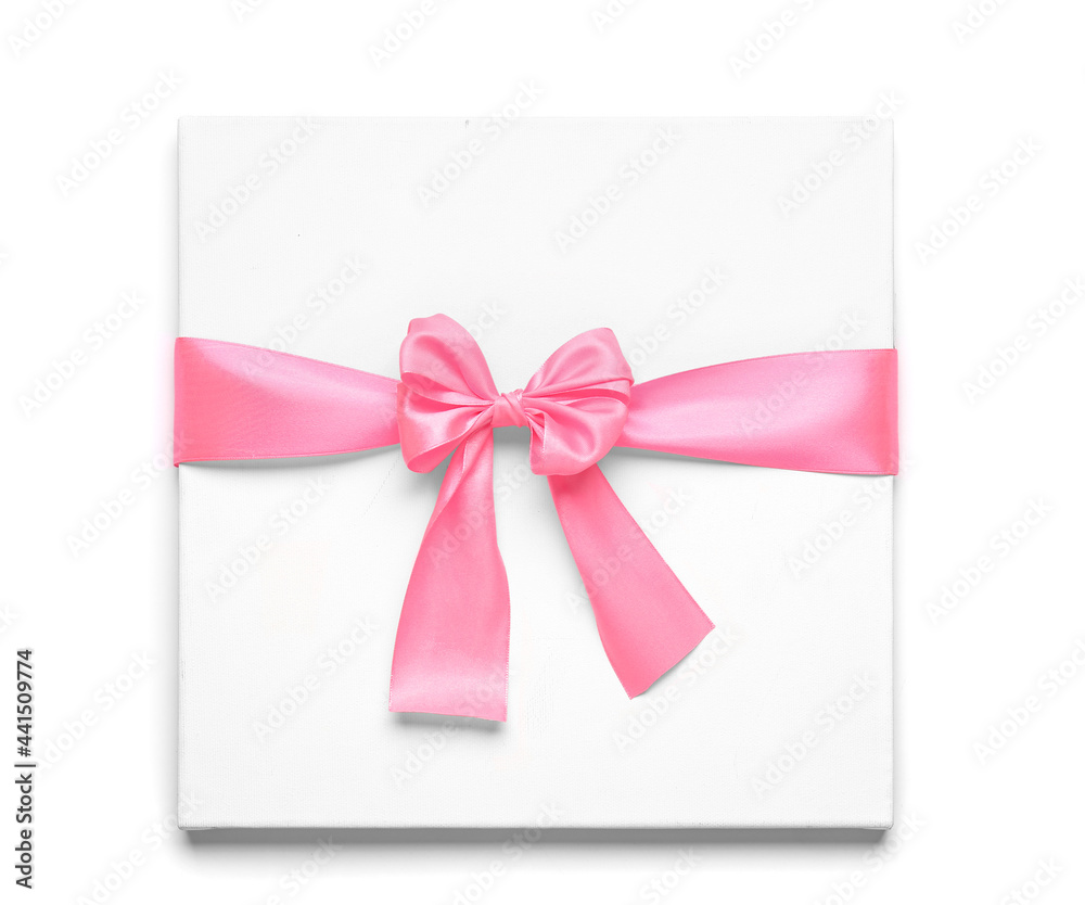 Blank card with beautiful pink ribbon on white background Blank card with beautiful pink ribbon on white background