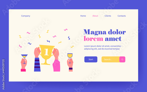 Hands holding golden cup with one digit or glasses. Drink, contest, champion flat vector illustration. Celebration and winning concept for banner, website design or landing web page