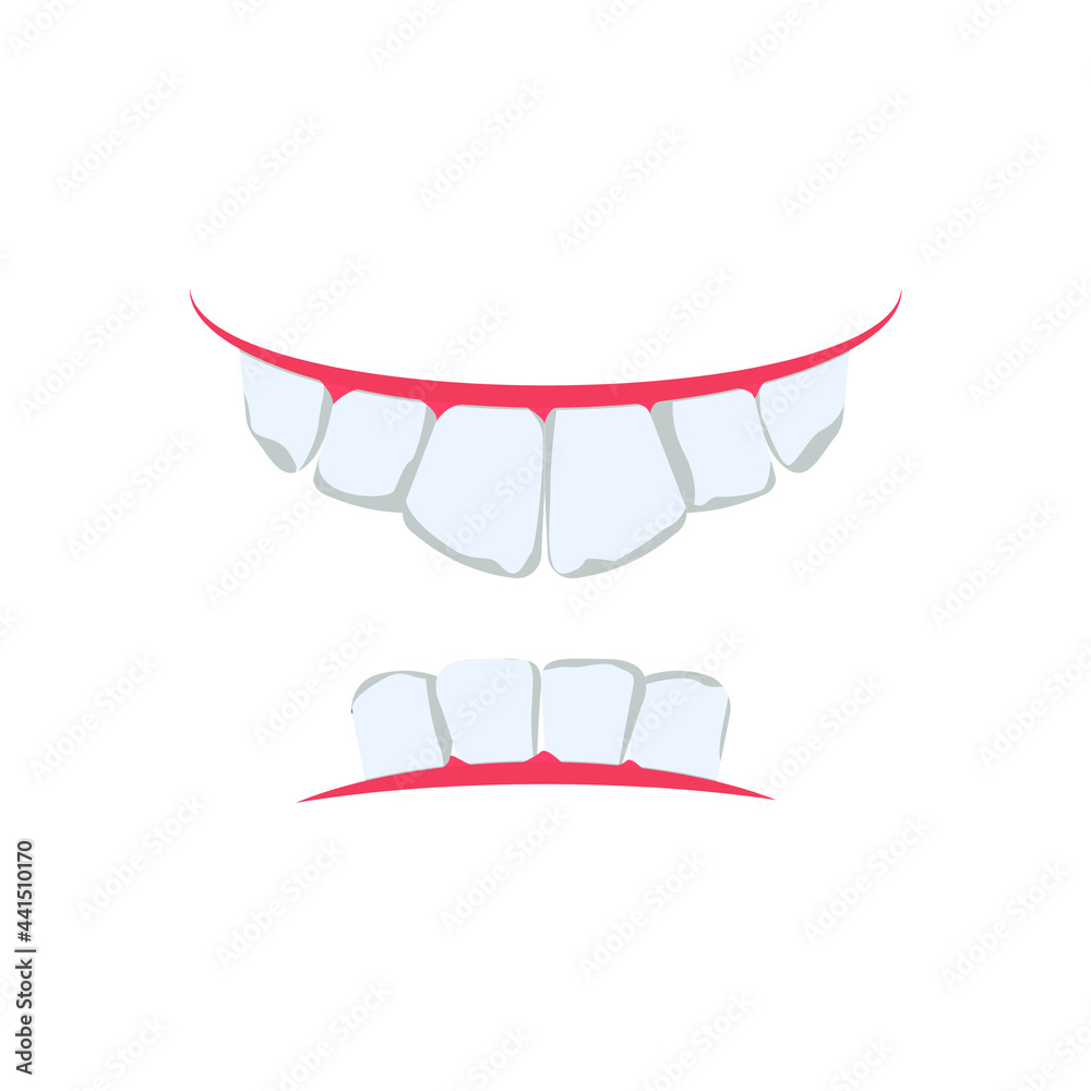 Upper teeth, lower row of teeth, gums, oral cavity. Vector illustration, flat cartoon color minimal design, isolated on white background. Concept: strong and healthy teeth and gums. Upper teeth, lower row of teeth, gums, oral cavity. Vector illustration, flat cartoon color minimal design, isolated on white background. Concept: strong and healthy teeth and gums.