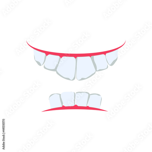 Upper teeth, lower row of teeth, gums, oral cavity. Vector illustration, flat cartoon color minimal design, isolated on white background. Concept: strong and healthy teeth and gums.