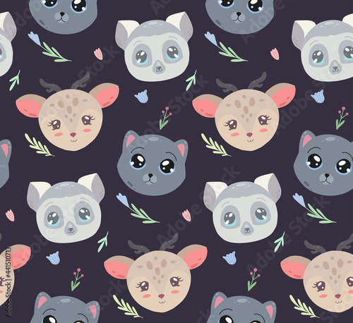 Cute childish pattern with heads of animal and flowers on dark background. Vector texture with lemur, cat and deer with floral pattern. Cartoon animalistic wallpaper for the nursery.