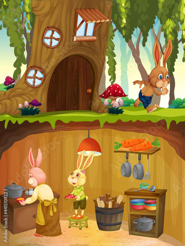 Rabbit family in underground with ground surface of the garden scene