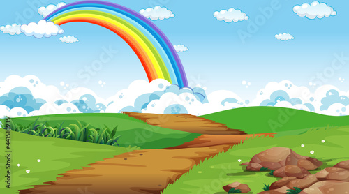 Nature park scene background with rainbow in the sky