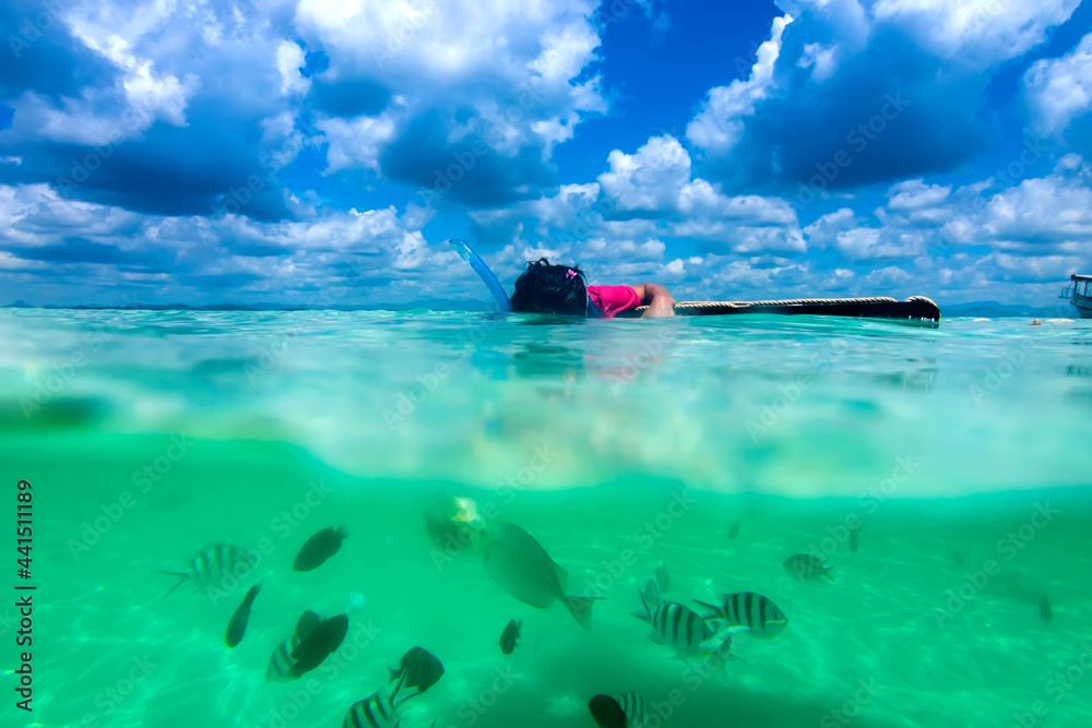 Asian tourists floating on the water surface, put snorkel see fish under water Asian tourists floating on the water surface, put snorkel see fish under water