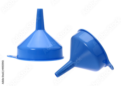 Blue plastic funnel isolated on a white background  photo