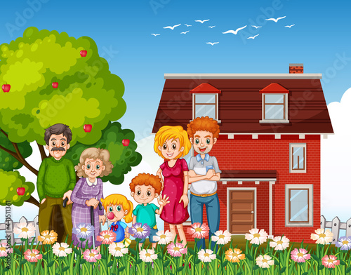 Happy family standing outside home in the garden