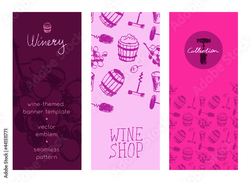 Wine banner set. Vector icon set winemaking. Winery label template. Viticulture symbol. Hand-drawn illustrations of corkscrew, wine barrel, grape, stopper. Wine tasting flyer Wine pattern seamless.