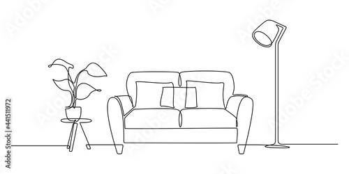 One continuous Line drawing of sofa and lamp and potted plant. Stylish furniture for living room interior in simple linear style. Editable stroke Vector illustration
