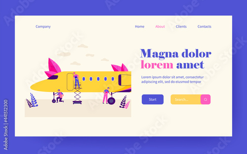 Aviation service team working on airplane. Men in overalls doing mechanic and repair works with plane. Vector illustration for hangar, aircraft maintenance concept