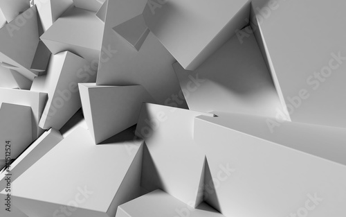 Fototapeta Naklejka Na Ścianę i Meble -  Abstract background with white 3D shapes flying in the light as a messy array or chaotic structure for any pastel backdrop. 3D illustration.