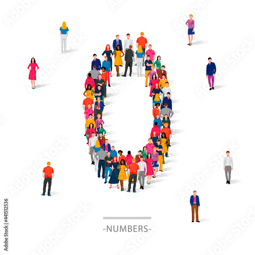 A large group of people is standing in colored clothes in the shape of the number 0. The concept of human numbers.