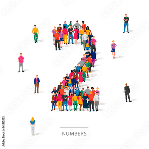 A large group of people is standing in colored clothes in the shape of the number 2. The concept of human numbers.