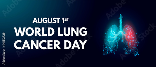 World Lung Cancer Day concept. Banner template with glowing low poly lungs. Futuristic modern abstract. Isolated on dark background. Vector illustration.