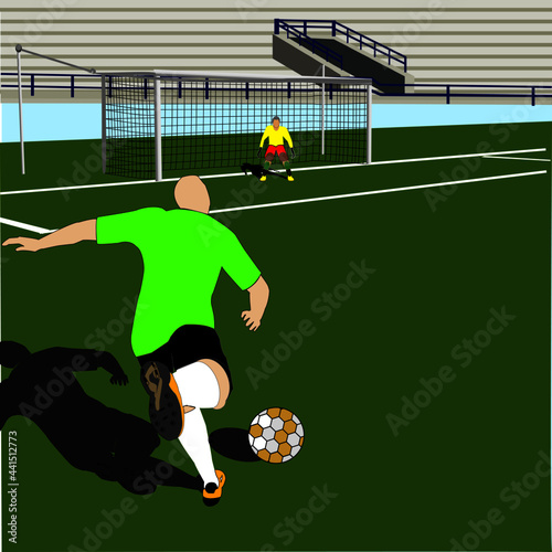 the player is shooting  And the goalkeeper is preparing to save the shot from the opponent.