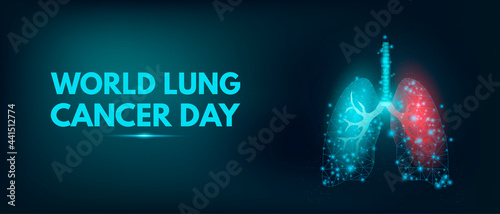 World Lung Cancer Day concept. Banner template with glowing low poly lungs. Futuristic modern abstract. Isolated on dark background. Vector illustration.