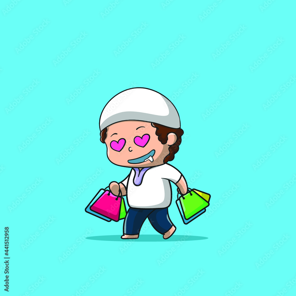 Happy Muslim boy for a shopping day in vector illustration. shopping Icon Concept Isolated Premium Vector. Flat Cartoon Style Happy Muslim boy for a shopping day in vector illustration. shopping Icon Concept Isolated Premium Vector. Flat Cartoon Style