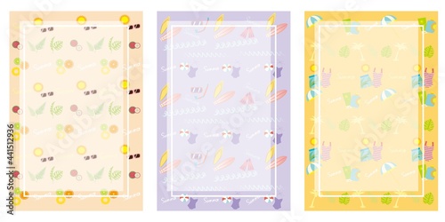 Set of summer decorative vector template. Summer decorative illustration with summer cute icons. Sun, surfing boards, waves, swimsuits and tropical leaves. greeting card, templates, card, frame.