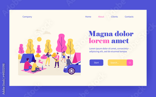 Young people camping in forest. Guitar, nature, camp flat vector illustration. Summer vacation and adventure concept for banner, website design or landing web page