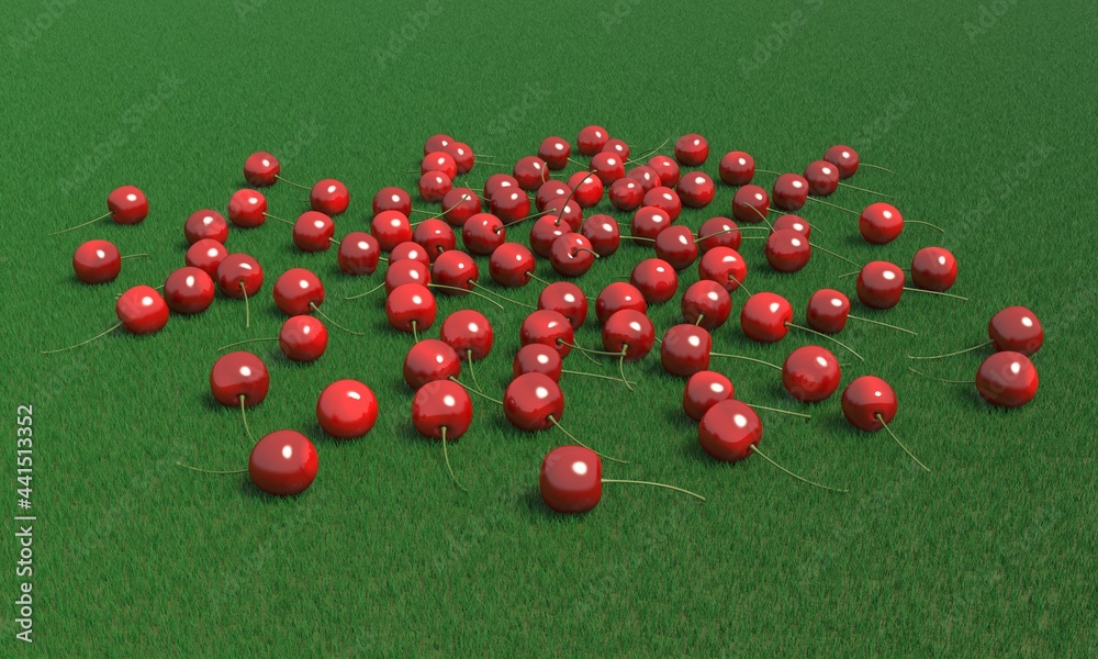 Red ripe cherries on green grass. 3D rendering Red ripe cherries on green grass. 3D rendering