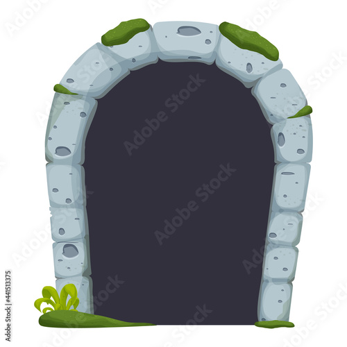 Stone castle arch door, ruined with moss, grass comic in cartoon style isolated on white background. Decoration with bricks, medieval dark entrance. Ui asset. Vector illustration