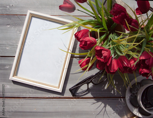 vintage photo frame with tulip