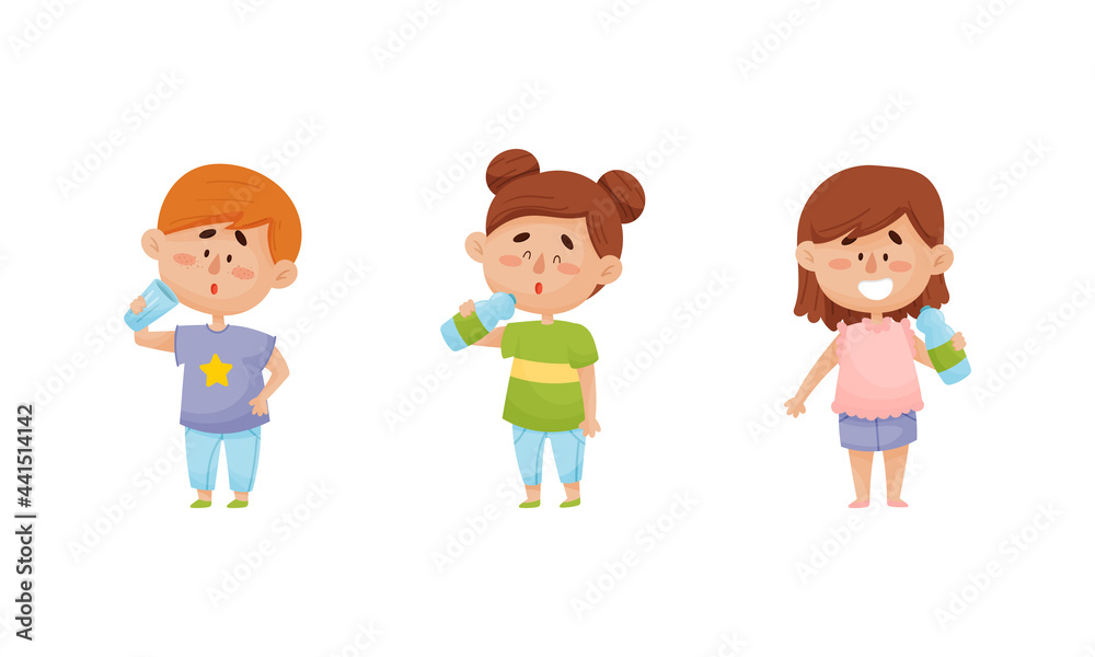 Kid Characters Standing and Drinking Still Mineral Water from Plastic Bottle Vector Illustrations Set Kid Characters Standing and Drinking Still Mineral Water from Plastic Bottle Vector Illustrations Set