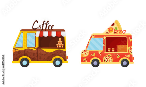 Food Truck or Van Selling Coffee and Pizza Vector Set