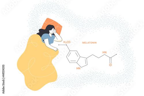 Woman sleeping in bed and melatonin formula. Production and structure of melatonin flat vector illustration. Hormones, sleep disorder, chemistry concept for banner, website design or landing web page photo