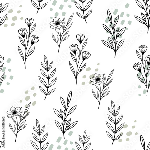 Seamless cute floral vector pattern with plant and flowers. Flower background.