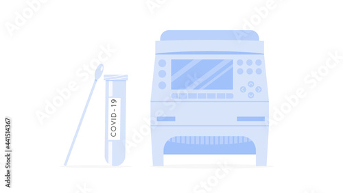 Covid-19 RT PCR machine, testing tube and swab sample. Thermocycler for Coronavirus test. Thermal cycler for polymerase chain reaction. DNA amplifier. Vector illustration isolated on white.