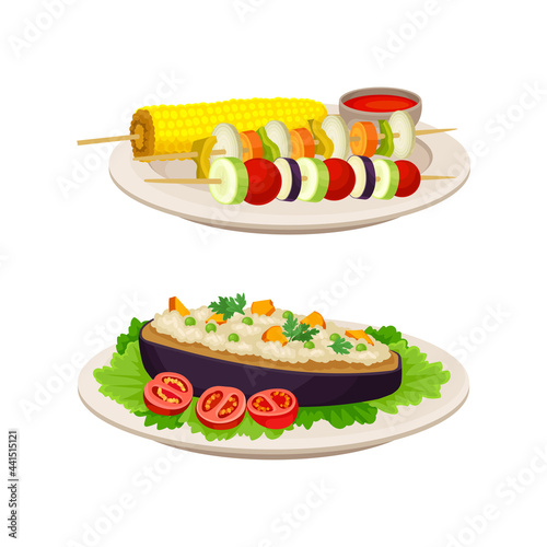 Vegan Dish and Main Course with Stuffed Eggplant and Skewered Vegetables Vector Set