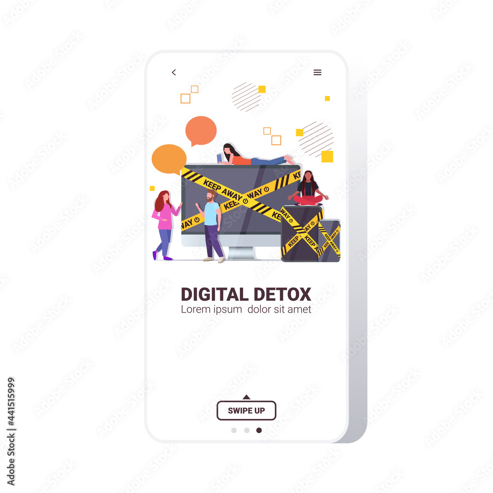 people near gadgets with keep away yellow tape digital detox rest from devices concept people near gadgets with keep away yellow tape digital detox rest from devices concept