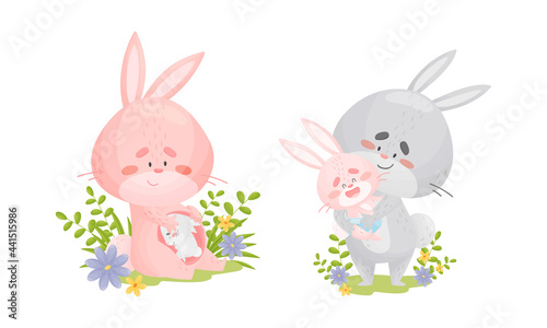 Rabbit Family with Bunny Mom and Dad Embracing Their Cub Vector Set