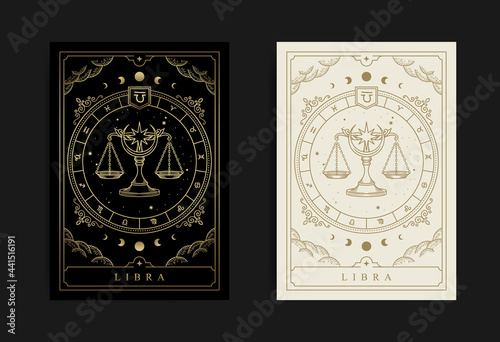 Libra zodiac symbol with engraving, hand drawn, luxury, esoteric and boho styles. Fit for paranormal, tarot readers and astrologers