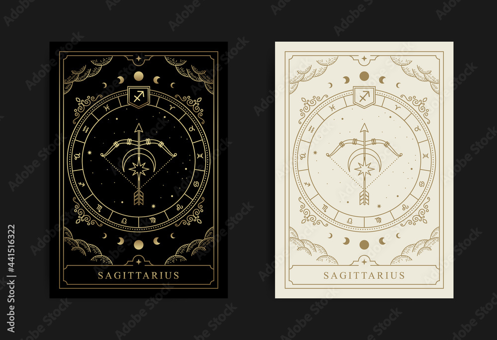 Sagittarius zodiac symbol with engraving, hand drawn, luxury, esoteric and boho styles. Fit for paranormal, tarot readers and astrologers - obrazy, fototapety, plakaty 