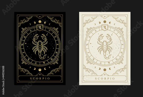 Scorpio zodiac symbol with engraving, hand drawn, luxury, esoteric and boho styles. Fit for paranormal, tarot readers and astrologers