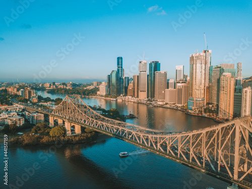 Sunrise aerial shot of Brisbane, the Story Bridge, a Kitty Cat  and the Brisbane River © Mel Campbell