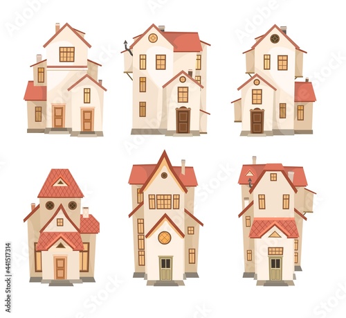 A set of cartoon white houses with a red roof. A beautiful, cozy country house in a traditional European style. Collection of Cute funny homes. Isolated on white background. Vector