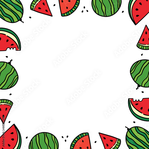 Cute doodle style whole and sliced watermelons vector square frame, border for summer food, vacation design.
