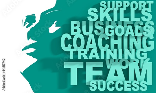 Silhouette of a female head and coaching relative words cloud