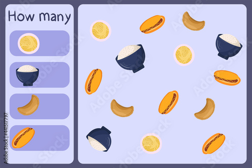 Kids mathematical mini game - count how many foods - noodle, rice, empanada, hot dog. Educational games for children. Cartoon design template on colorful backdrop. Vector graphic.