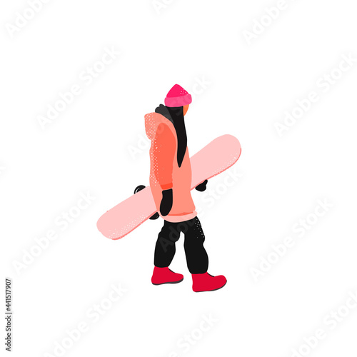 Walking snowboarder girl in trendy flat style