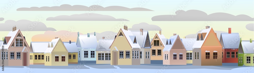 Winter street with snowdrifts. Rural houses. Clouds. Quiet frosty evening. Seamless. Roofs are covered with snow. Country landscape. Flat cartoon style. Vector art